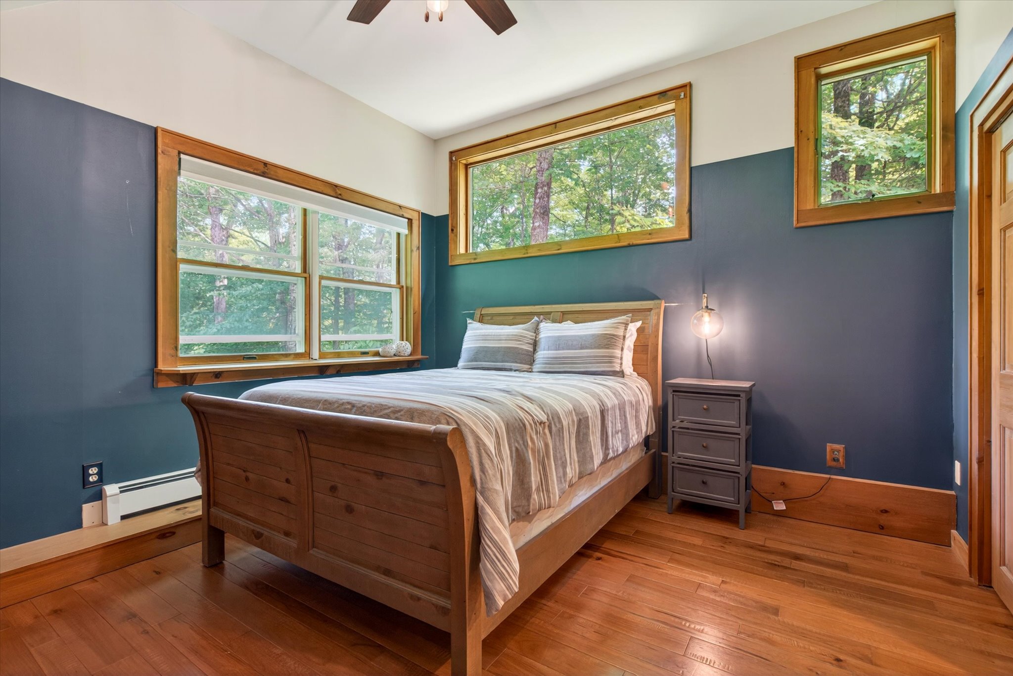 Blue Square Bedroom Queen bed angle 1 — Slippery Slope Chalet