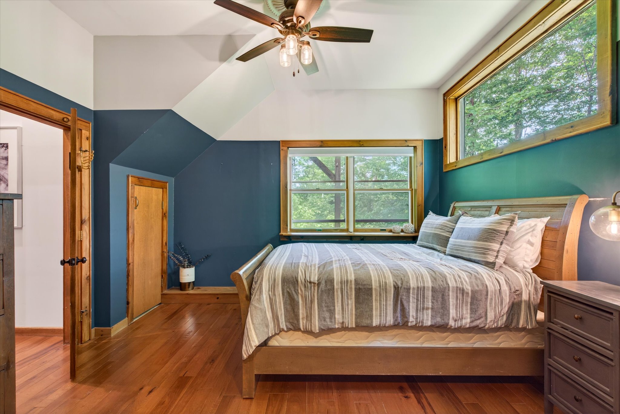 Blue Square Bedroom Queen bed angle 2 — Slippery Slope Chalet