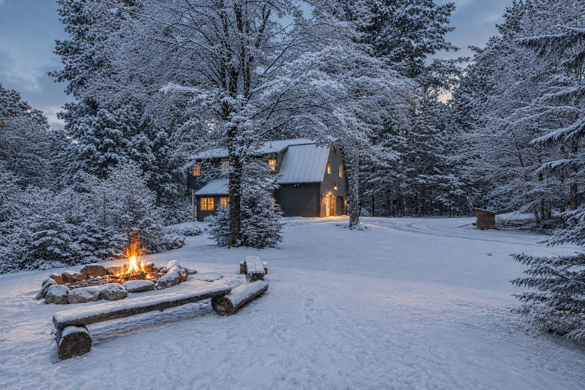 Winter fire pit at Slippery Slope Chalet with the chalet glowing in the snow — Killington Vermont