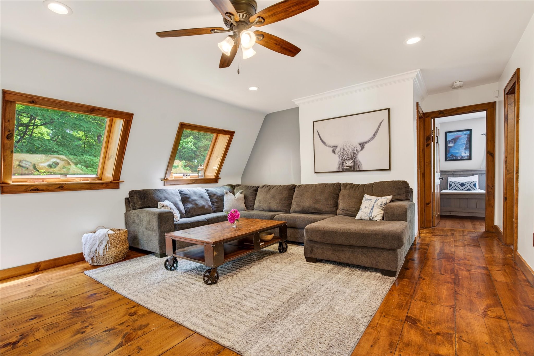 Lower living room sectional sofa and skylights — Slippery Slope Chalet